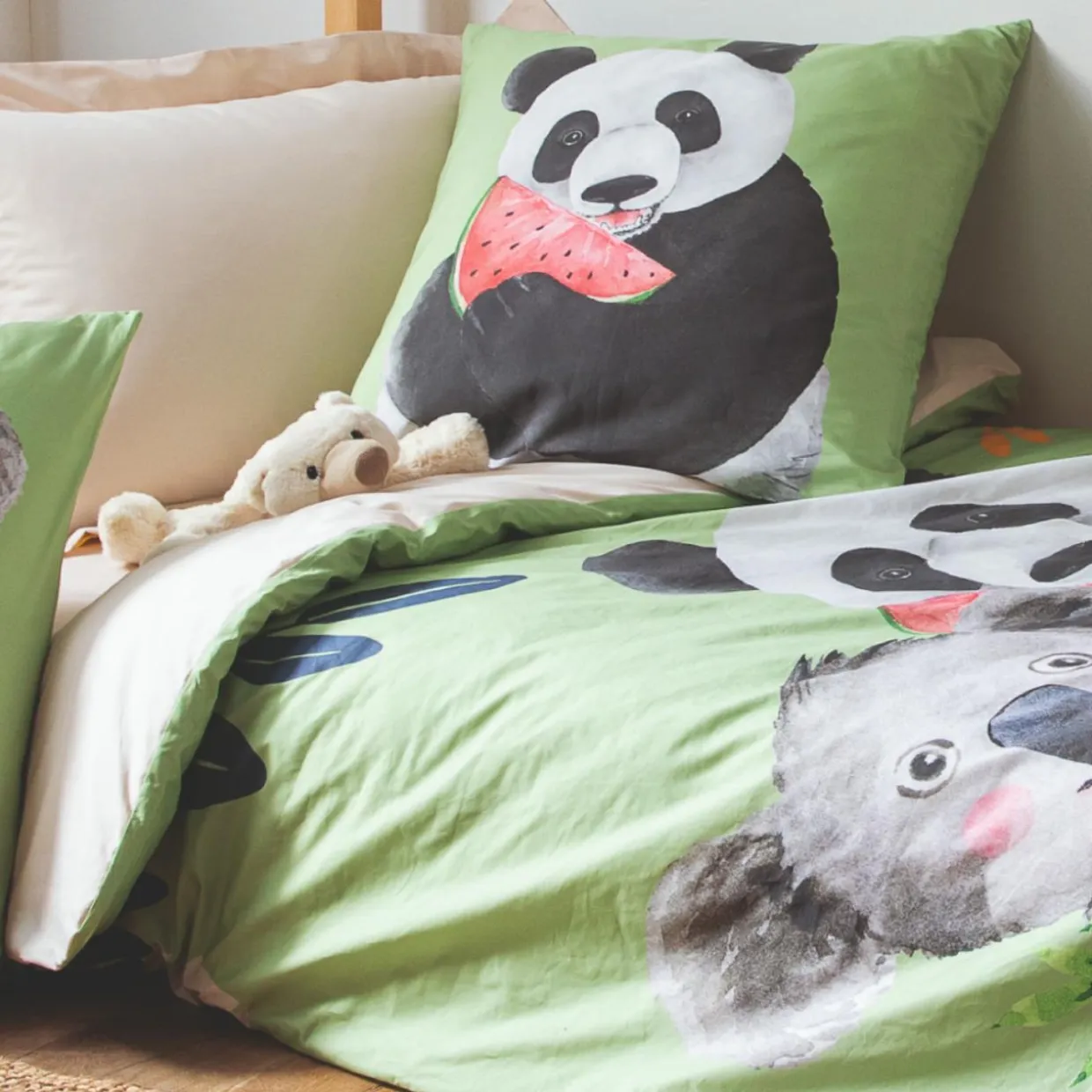 Housse de couette enfant percale de coton (200 x 200 cm) Panda Verte