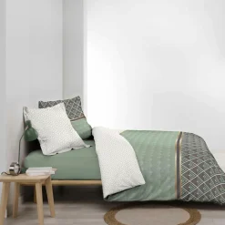 Housse de couette et deux taies percale de coton (240 x 220 cm) Belor Verte