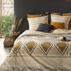 Housse de couette et deux taies coton (260 x 240 cm) Ray Kilim Jaune ocre