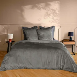 Housse de couette et deux taies d'oreiller velours (240 x 220 cm) Velina Gris anthracite