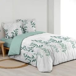 Housse de couette et deux taies d'oreiller percale de coton (260 x 240 cm) Wendy Verte