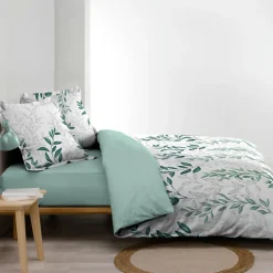 Housse de couette et deux taies d'oreiller percale de coton (260 x 240 cm) Wendy Verte