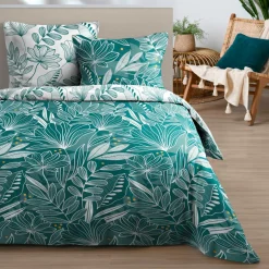 Housse de couette et deux taies d'oreiller en coton (260 x 240 cm) Douala Bleu pétrole