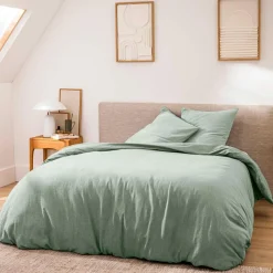 Housse de couette et deux taies d'oreiller coton (240 x 220 cm) Meline Vert sauge