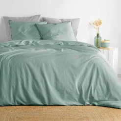 Housse de couette et deux taies coton lavé (260 x 240 cm) Linette Vert sauge