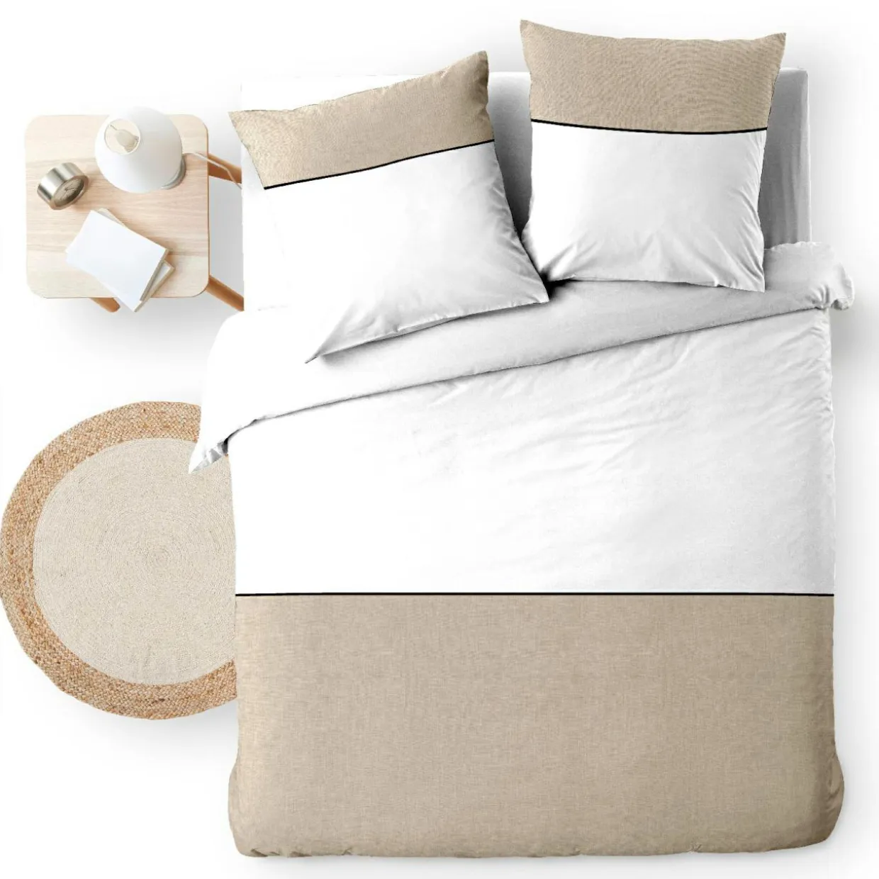Housse de couette et deux taies d'oreiller coton (240 x 220 cm) Gabrielle Beige