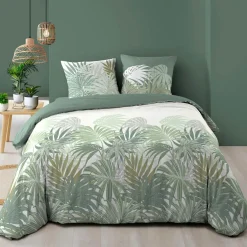 Housse de couette et deux taies d'oreiller en coton (240 x 220 cm) Nymea Vert
