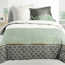 Housse de couette et deux taies percale de coton (260 x 240 cm) Belor Verte