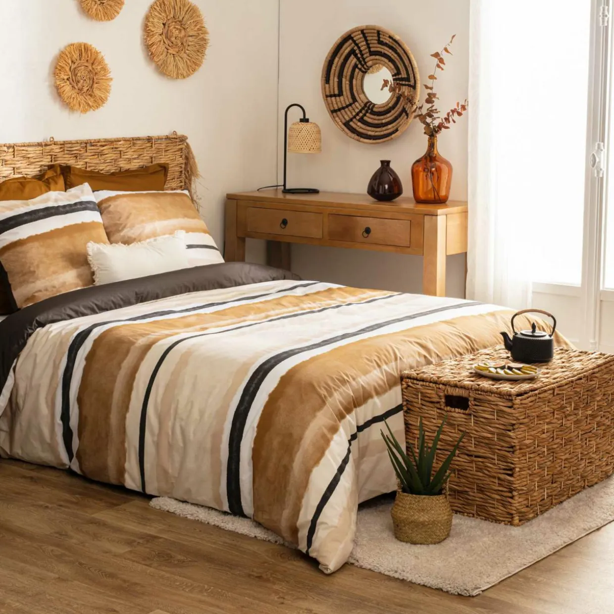 Housse de couette et deux taies percale de coton (240 x 220 cm) Hana Jaune ocre