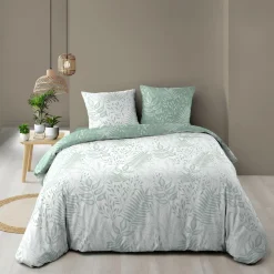 Housse de couette et deux taies coton (240 x 220 cm) Cassia Vert sauge