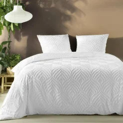 Housse de couette et deux taies microfibre tuftée (260 x 240 cm) Heltie Blanche