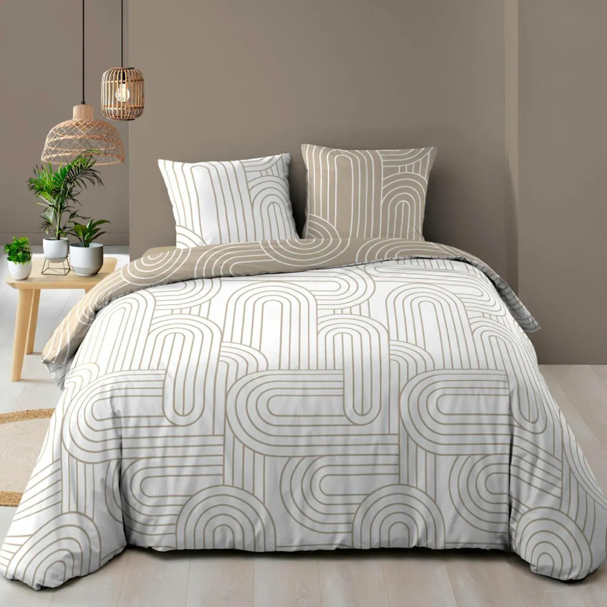 Housse de couette et deux taies d'oreiller en coton (240 x 220 cm) Modul Beige