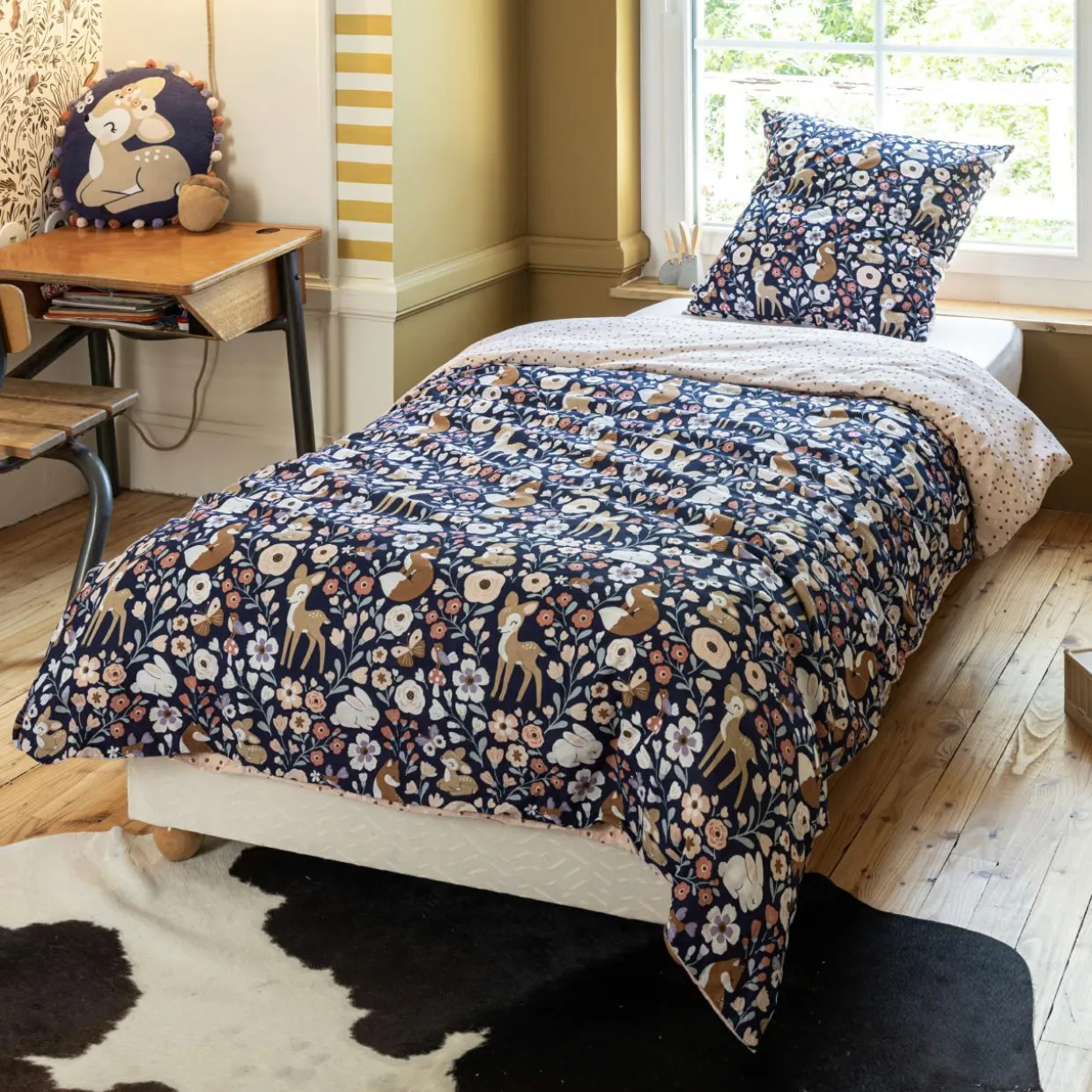 Housse de couette et deux taies enfant coton (200 x 200 cm) Forêt enchantée Multicolore