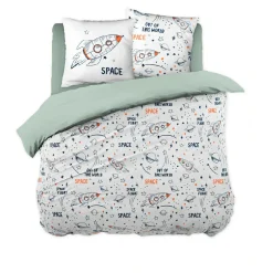 Housse de couette et deux taies enfant coton (240 x 220 cm) Galaxie Blanche