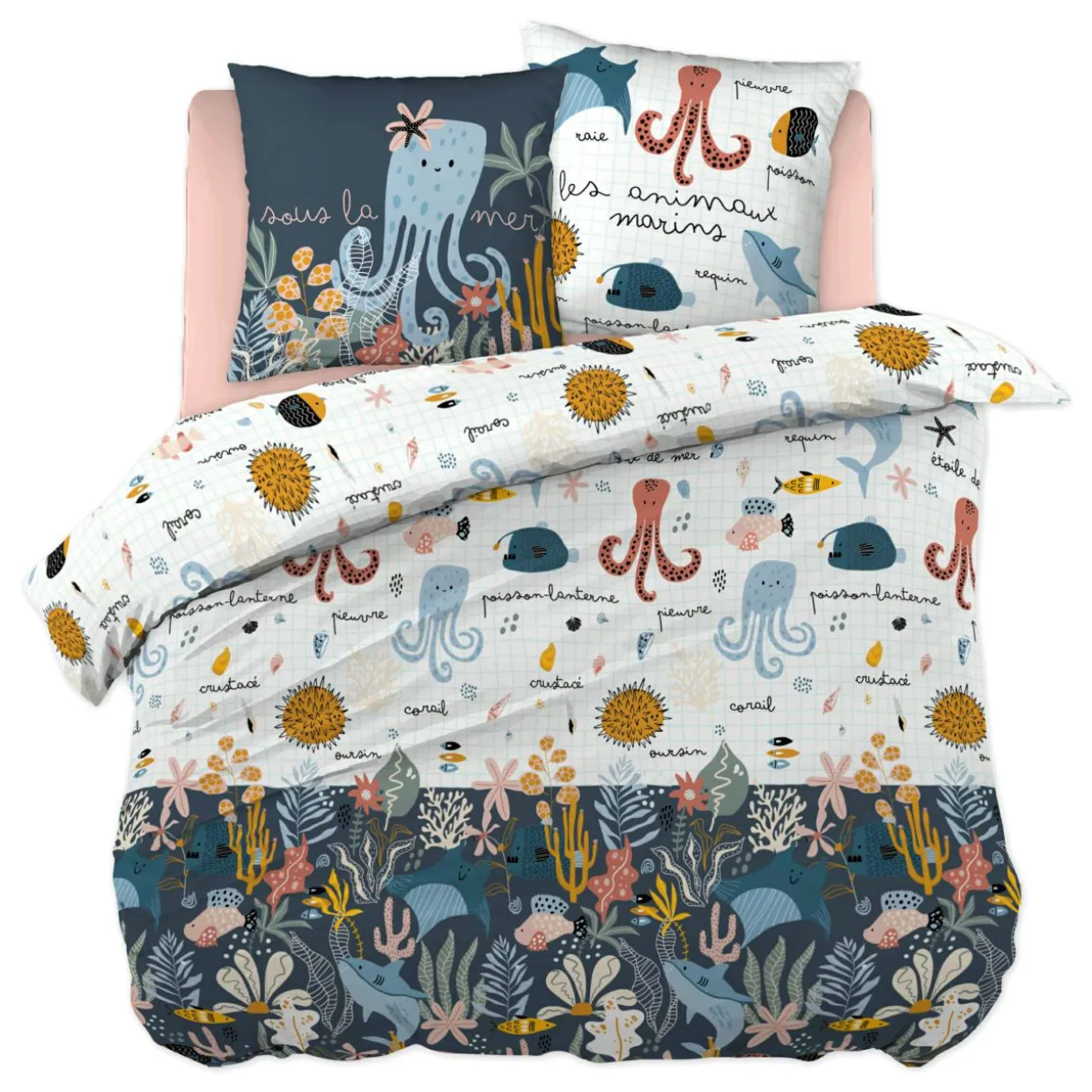 Housse de couette et deux taies enfant coton (240 x 220 cm) Octopia Multicolore