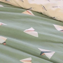Housse de couette et deux taies enfant coton (200 x 200 cm) Petits papiers Verte