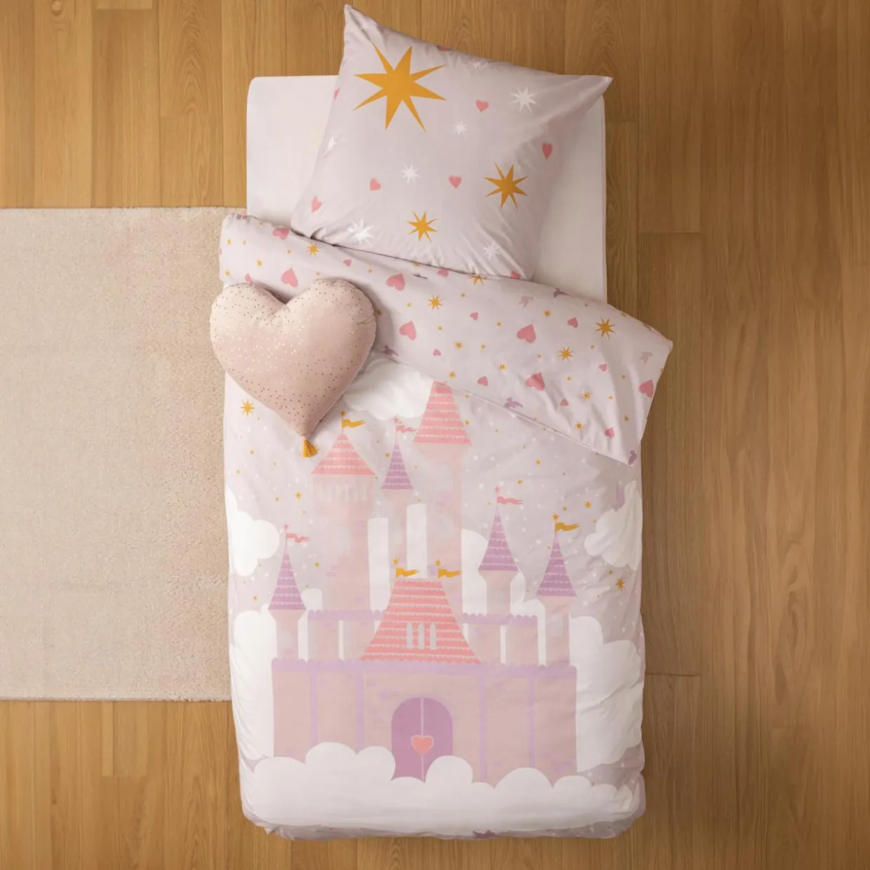 Housse de couette et une taie enfant coton (140 x 200 cm) Château Rose