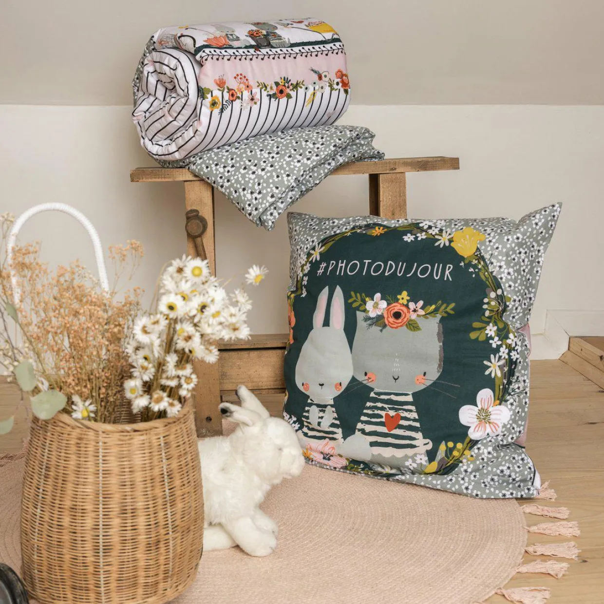 Housse de couette et une taie enfant coton (140 x 200 cm) Jardinage Multicolore