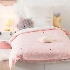 Housse de couette et une taie enfant coton (140 x 200 cm) Chat Rose