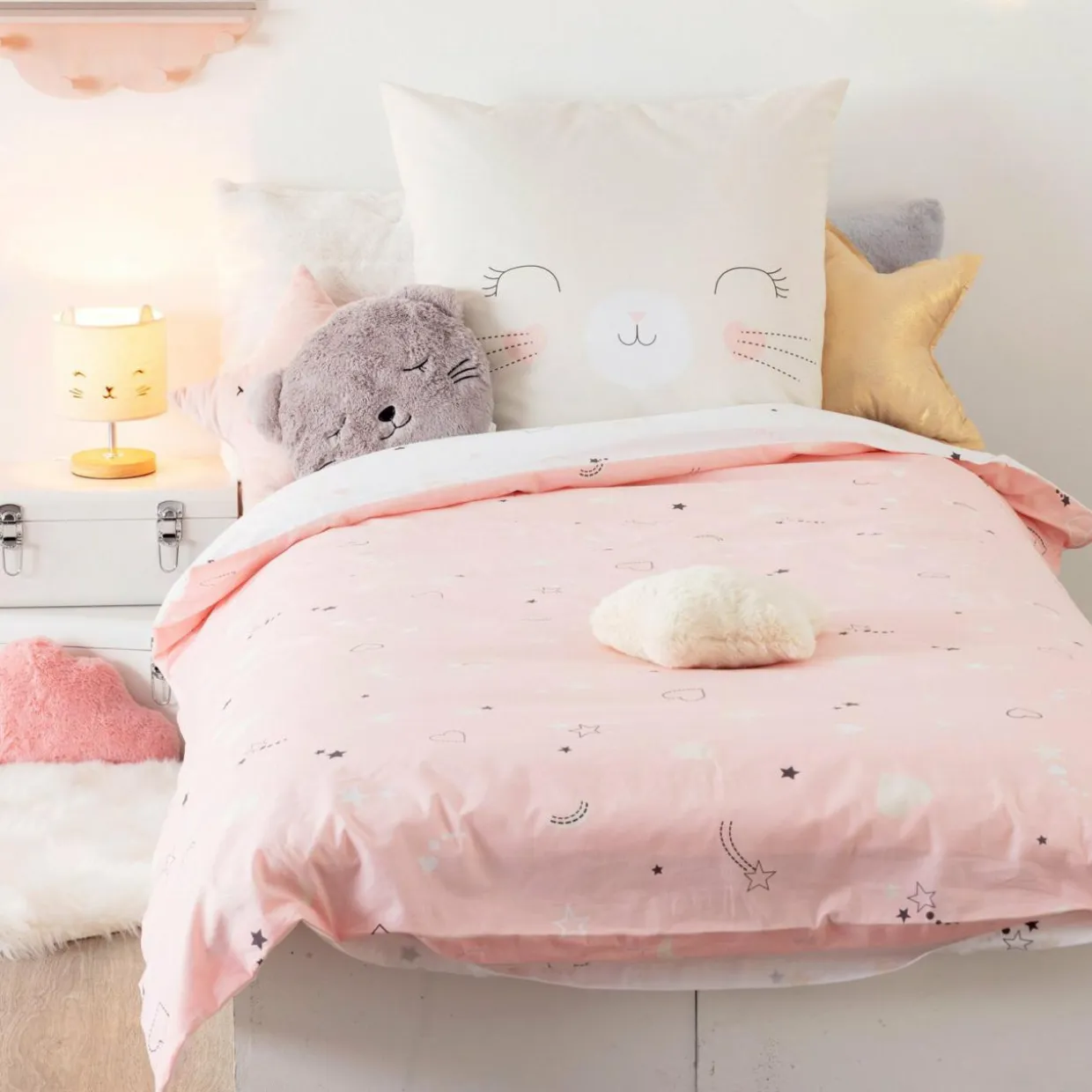 Housse de couette et une taie enfant coton (140 x 200 cm) Chat Rose
