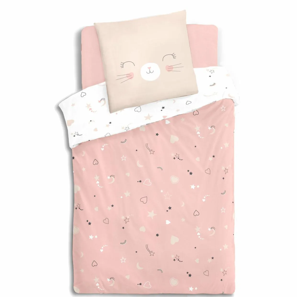 Housse de couette et une taie enfant coton (140 x 200 cm) Chat Rose