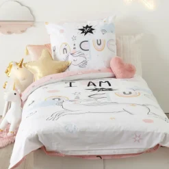 Housse de couette et une taie enfant coton (140 x 200 cm) Licorne Rose