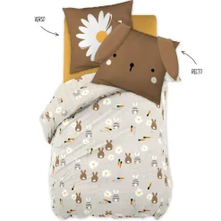 Housse de couette et une taie enfant coton (140 x 200 cm) Pompon Marron