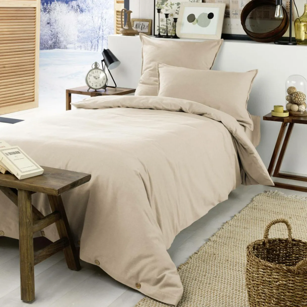 Housse de couette flanelle de coton (140 x 200 cm) Nina Beige