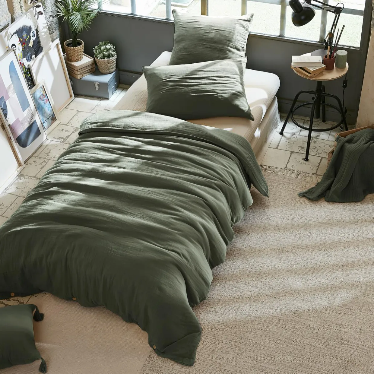 Housse de couette gaze de coton (140 x 200 cm) Gaïa Vert romarin