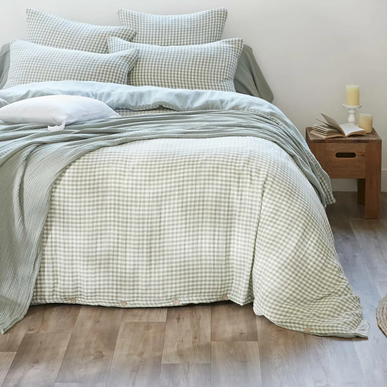 Housse de couette gaze de coton (260 x 240 cm) Gaïa vichy Vert eucalyptus