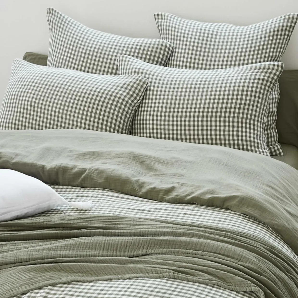 Housse de couette gaze de coton (140 x 200 cm) Gaïa vichy Vert romarin
