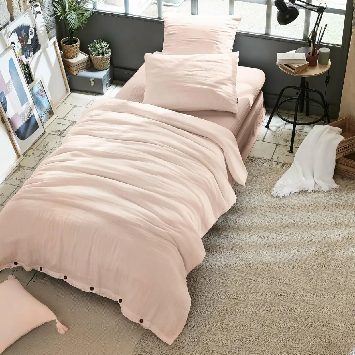 Housse de couette gaze de coton (140 x 200 cm) Gaïa Rose poudré