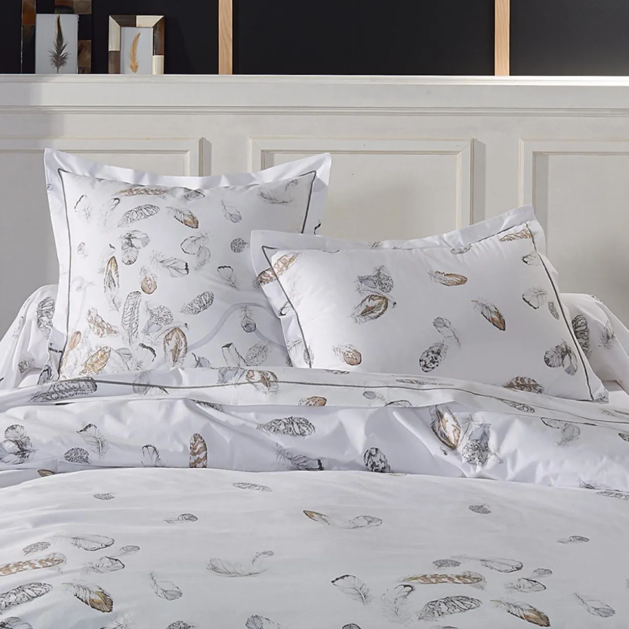 Housse de couette percale de coton (260 x 240 cm) Plumes Grise