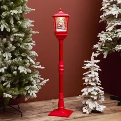 Lampadaire de Noël illuminé, musical et animé 10 LED (H135 cm) Neige tombante Rouge