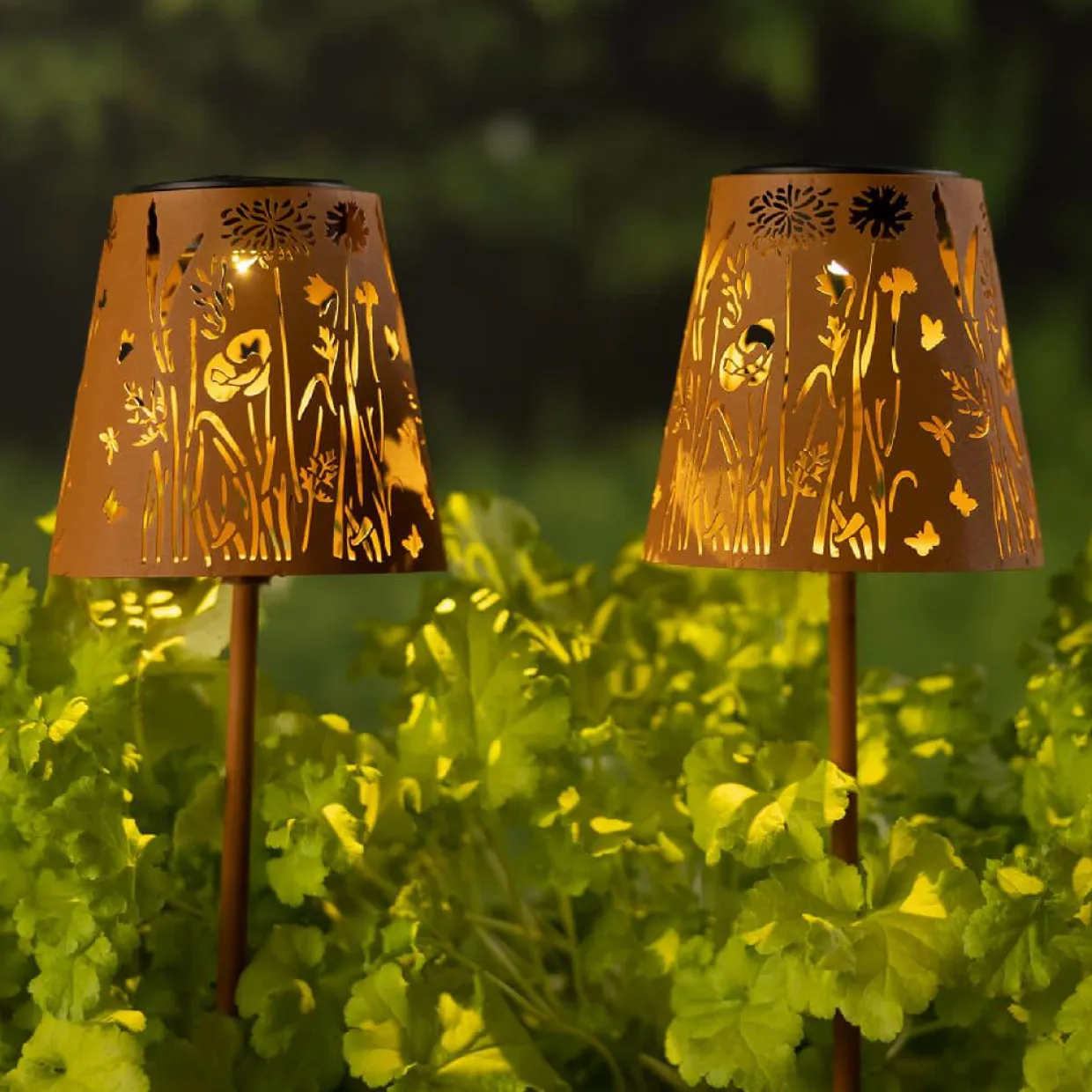 Lot de 2 bornes de jardin solaire LED (H58 cm) Floral Brun rustique