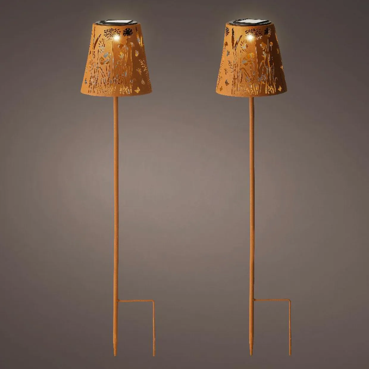 Lot de 2 bornes de jardin solaire LED (H58 cm) Floral Brun rustique