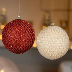 Lot de 12 boules de Noël (D100 mm) Carreaux et paillettes Rouge et perle