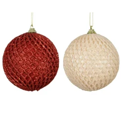 Lot de 12 boules de Noël (D100 mm) Carreaux et paillettes Rouge et perle
