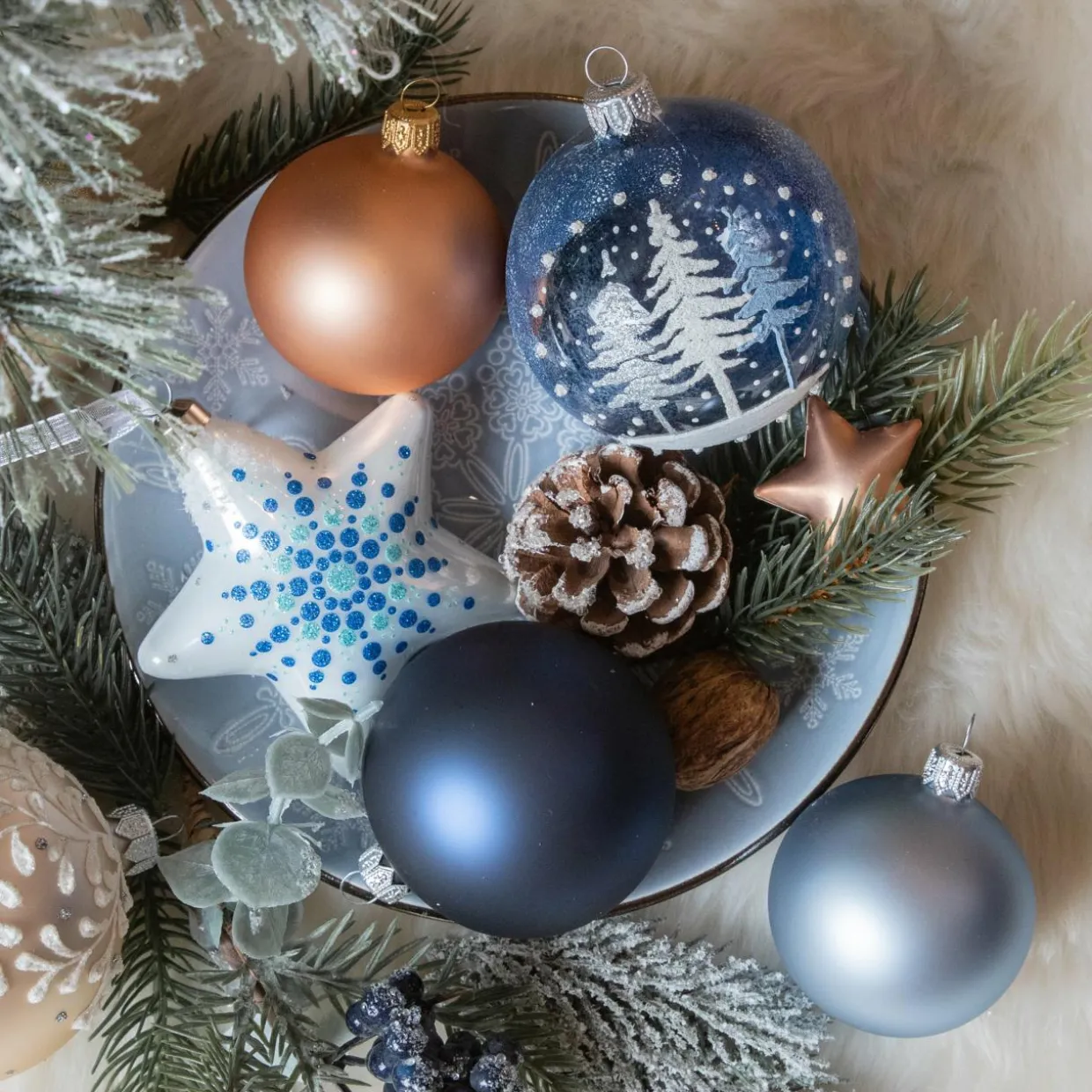 Lot de 6 boules de Noël (D80 mm) en verre Forêt de sapins Bleu
