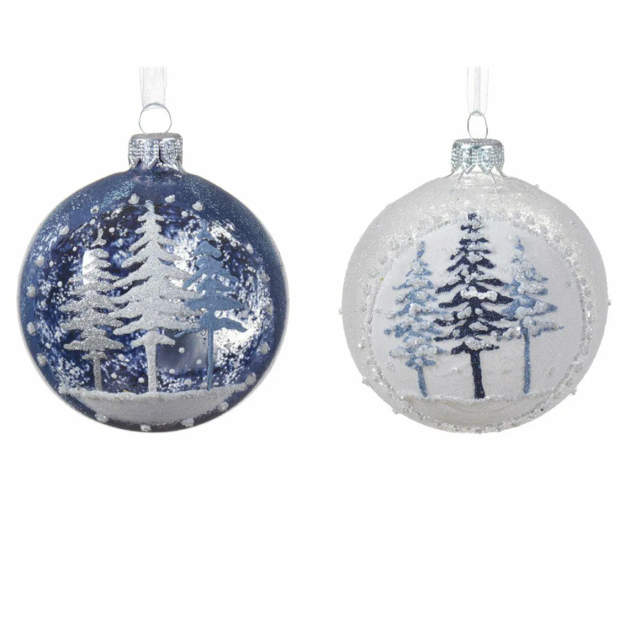 Lot de 6 boules de Noël (D80 mm) en verre Forêt de sapins Bleu