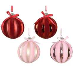Lot de 12 boules de Noël en verre (D80 mm) Velours et noeud Rouge et rose