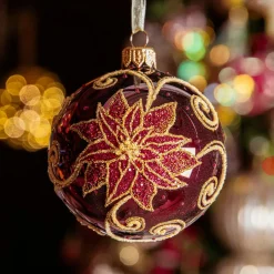 Lot de 6 boules de Noël en verre (D80 mm) Poinsettia Bordeaux
