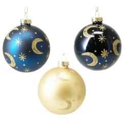 Lot de 12 boules de Noël en verre (D80 mm) Moon Bleu nuit et doré