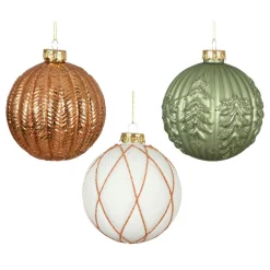 Lot de 12 boules de Noël en verre (D100 mm) Rêverie Blanc laine, Cognac et Vert romarin