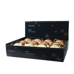 Lot de 12 boules de Noël en verre (D80 mm) chic Cognac, blanc laine et pêche