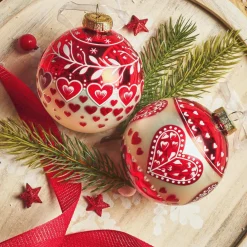Lot de 12 boules de Noël en verre (D80 mm) Cœur de Noël Rouge
