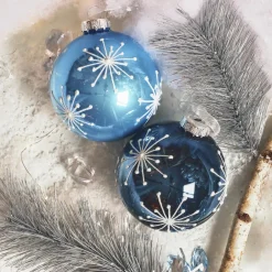 Lot de 12 boules de Noël en verre (D80 mm) Etincelles de Noël Bleu ciel et bleu nuit