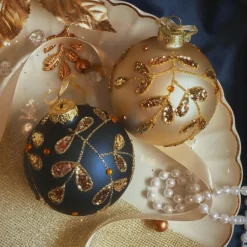 Lot de 12 boules de Noël en verre (D80 mm) Feuilles d'Or, bleu nuit et perle