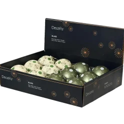 Lot de 12 boules de Noël en verre (D80 mm) Fleurs Nature Vert matcha et blanc