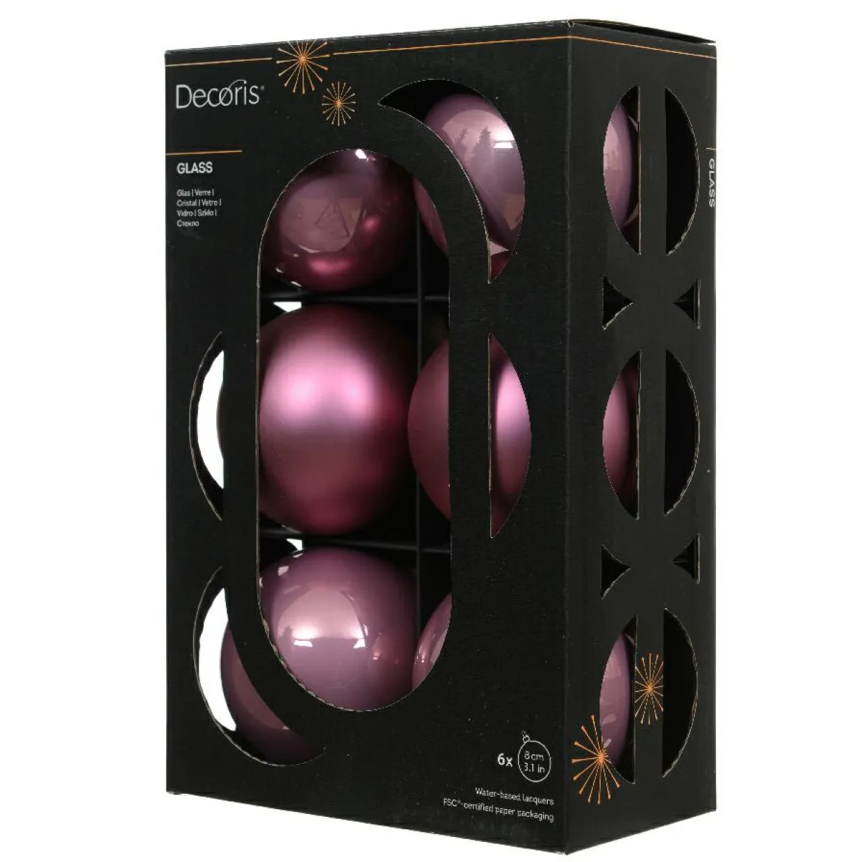 Lot de 6 boules de Noël en verre (D80 mm) Boréal Vieux rose